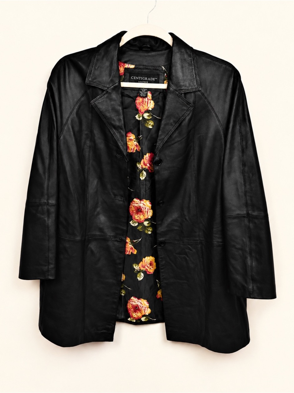Centigrade Black Genuine Leather Blazer Jacket XL Rose Floral Lining